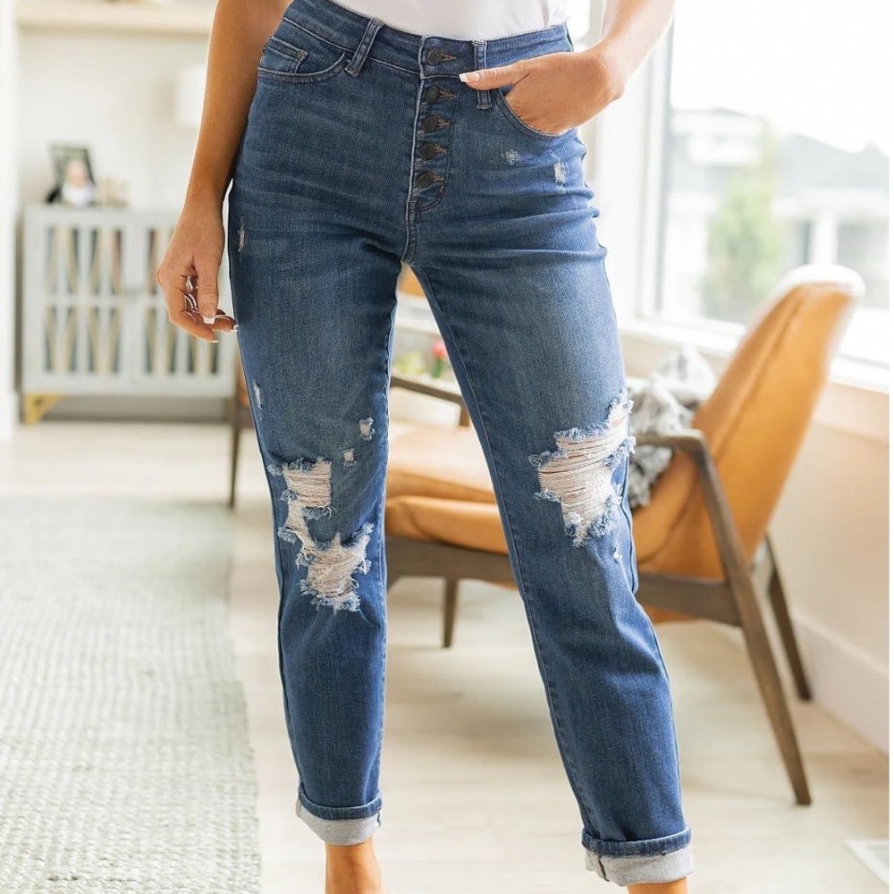 Judy Blue High Waist Distressed Boyfriend Jeans Blue Button Fly 14W JB88526